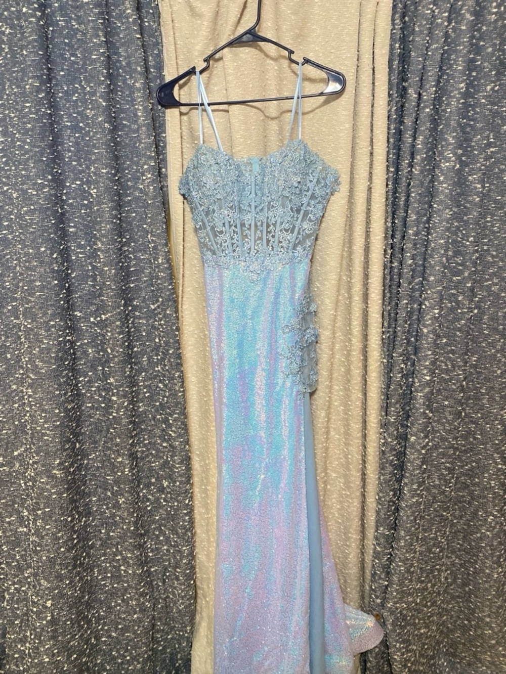 Clarisse Light Blue Iridescent Sequin & Lace Prom Gown
